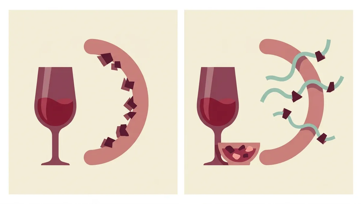 A simple illustration of grape tannin particles clinging to the mouth on the left, and the same particles hooked onto protein strands beside a bowl of stew on the right