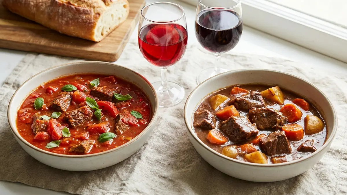Two bowls of beef stew side by side, one bright red with tomato and basil, one dark brown with carrots and potatoes, with two glasses of red wine between them