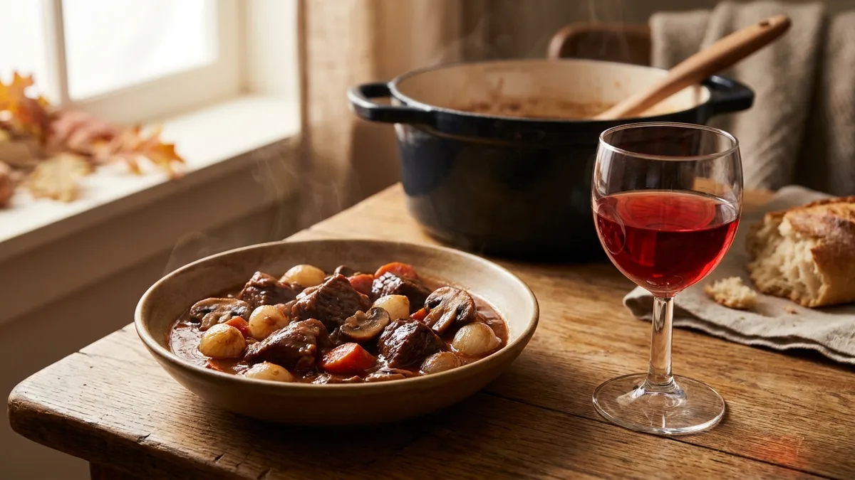 A bowl of dark beef stew with mushrooms and pearl onions beside a glass of translucent ruby red wine on an oak table