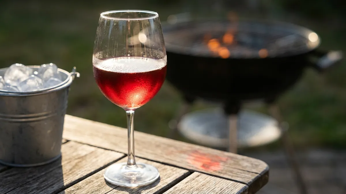 A glass of light ruby red wine beaded with condensation beside an ice bucket on an outdoor table, a grill glowing in the background