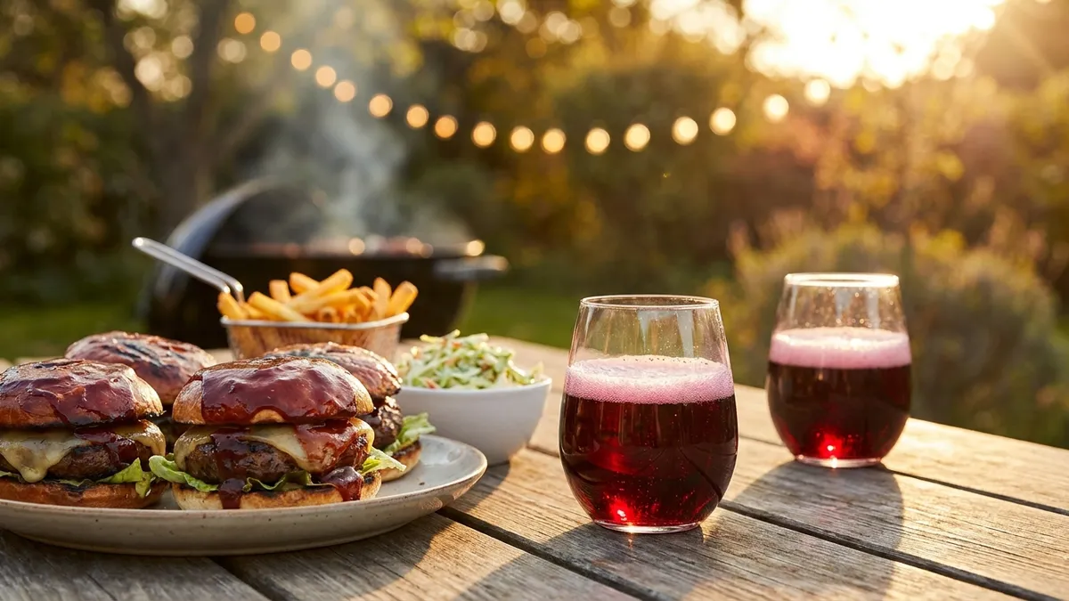 A backyard picnic table with barbecue-sauce burgers, fries and two glasses of frothy sparkling red wine in golden evening light