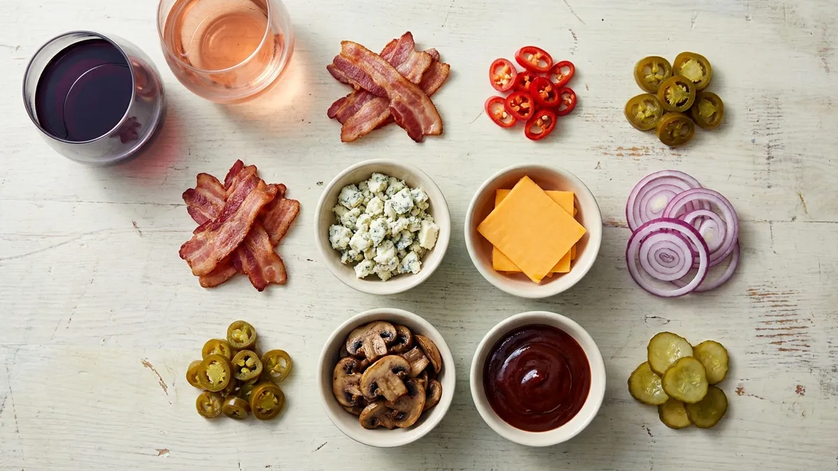 Burger toppings laid out in small bowls on a wooden table, bacon, blue cheese, cheddar, barbecue sauce, mushrooms and chillies, beside a glass of red and a glass of rosé