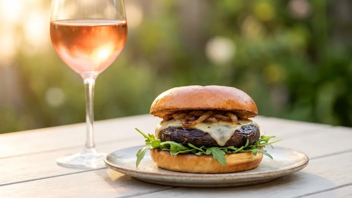 A grilled portobello mushroom burger with melted cheese and rocket next to a glass of pale pink dry rosé