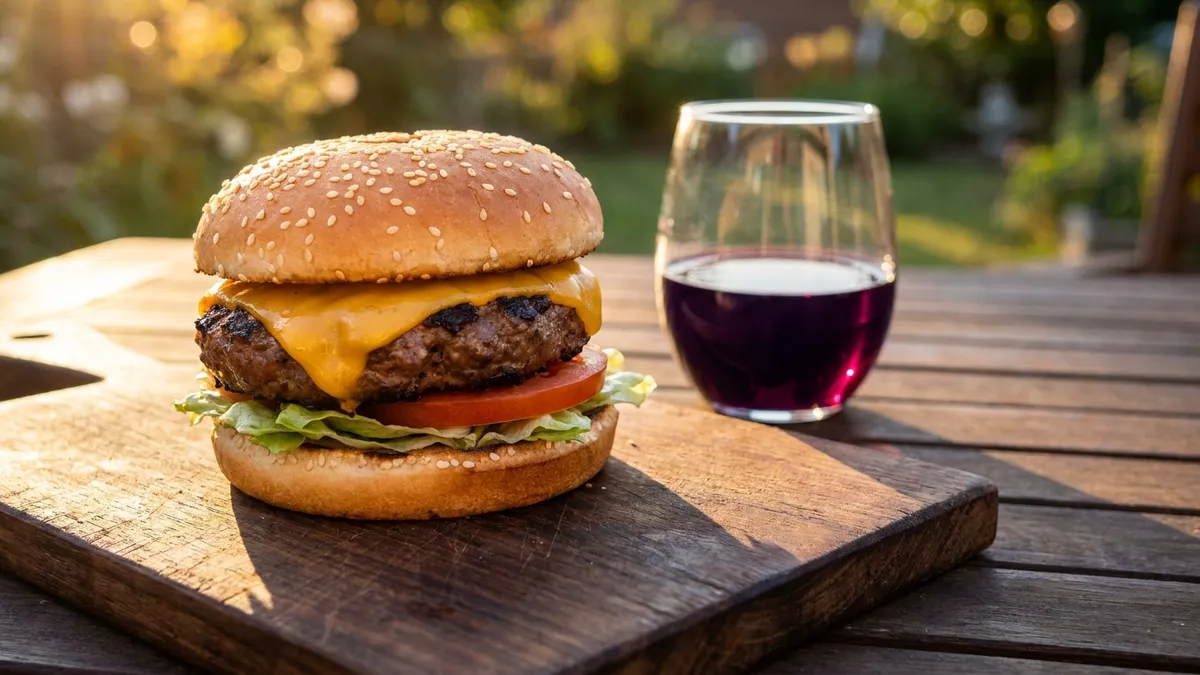 A grilled cheeseburger on a wooden board next to a stemless glass of deep purple-red wine in golden evening light