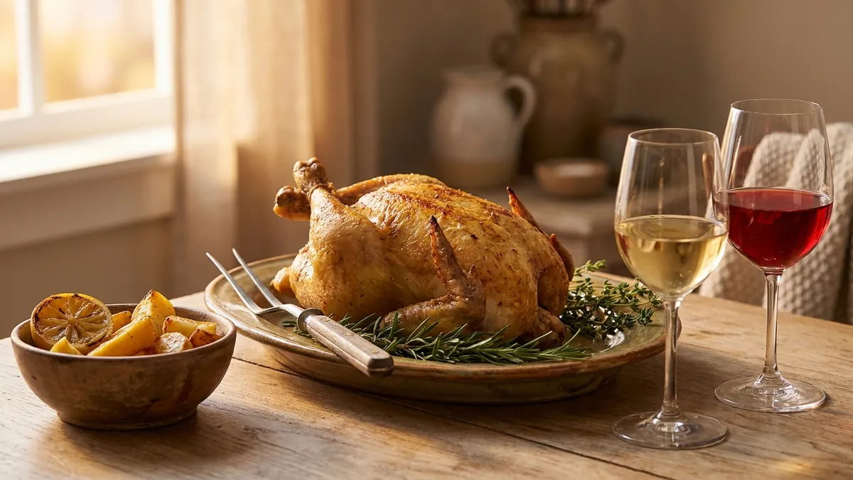 Roasted chicken on a platter with herbs alongside glasses of white and red wine