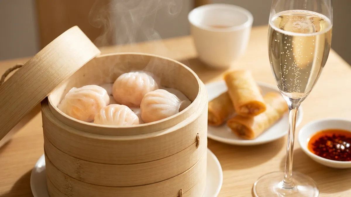 A bamboo steamer of translucent shrimp dumplings with rising steam, crisp spring rolls and a flute of pale sparkling wine