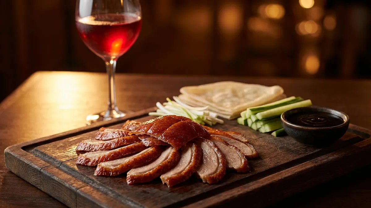 Thin slices of lacquered, crisp Peking duck skin fanned on a board with pancakes, cucumber, spring onion and sweet bean sauce