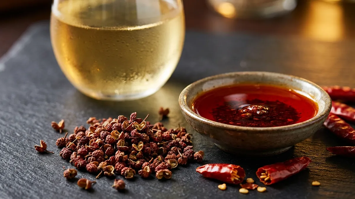 Sichuan peppercorns, dried red chilies and a bowl of red chili oil on dark slate with a glass of pale off-dry white wine