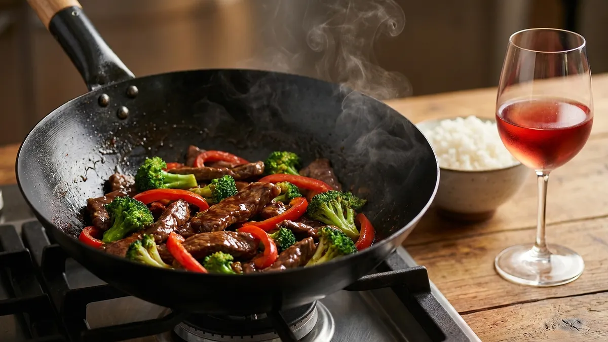 A black wok of glossy oyster-sauce beef and broccoli beside a bowl of rice and a glass of chilled light red wine