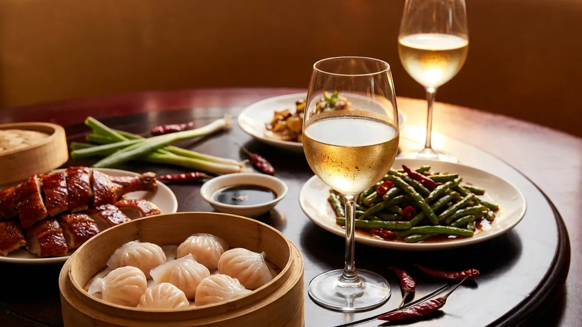 A shared Chinese dinner table with a bamboo steamer of shrimp dumplings, sliced roast duck, a chili stir-fry and two glasses of chilled pale white wine