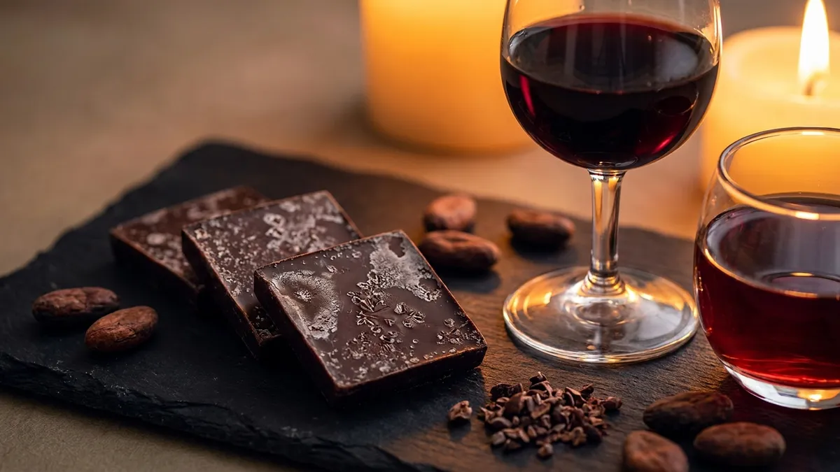 Artisan chocolate truffles arranged alongside glasses of red and dessert wine on a dark surface