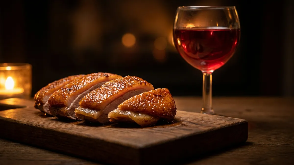 A glass of ruby red wine beside a board of sliced roast duck with glistening crisp skin, lit by a single warm candle