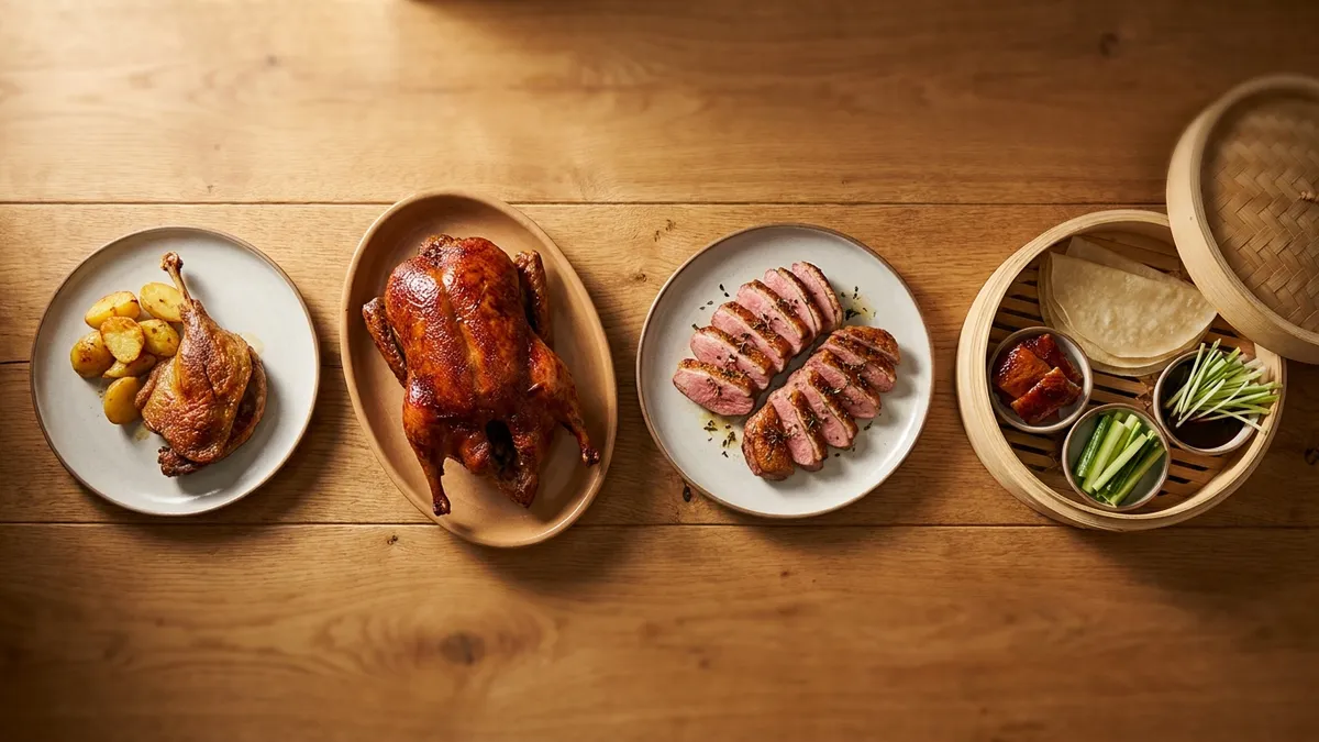 Four duck dishes side by side on a rustic wooden table: a crisp confit leg, a whole roast duck, a sliced pink breast and rolled pancakes with duck