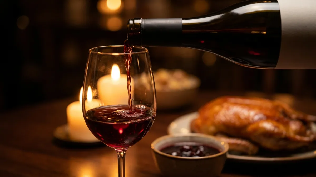 Ruby red wine being poured into a stemmed glass on a dinner table, a plate of roast duck softly out of focus behind it in warm low light