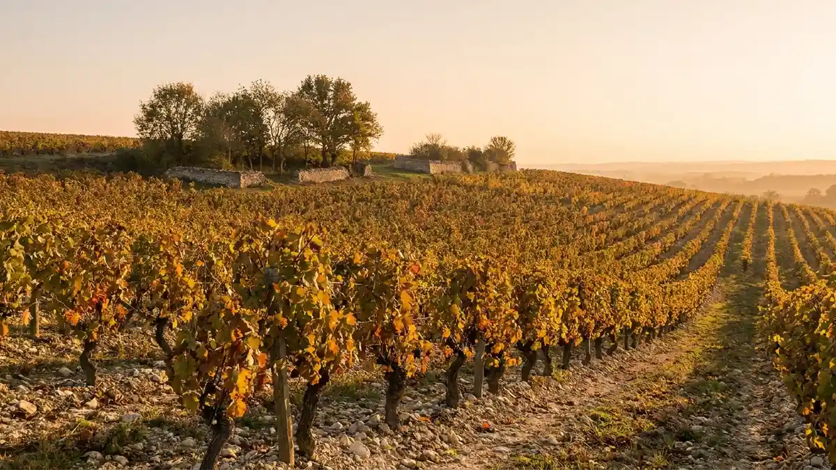 Rolling rows of vines on a gentle slope at golden hour, the leaves turning gold in late autumn light