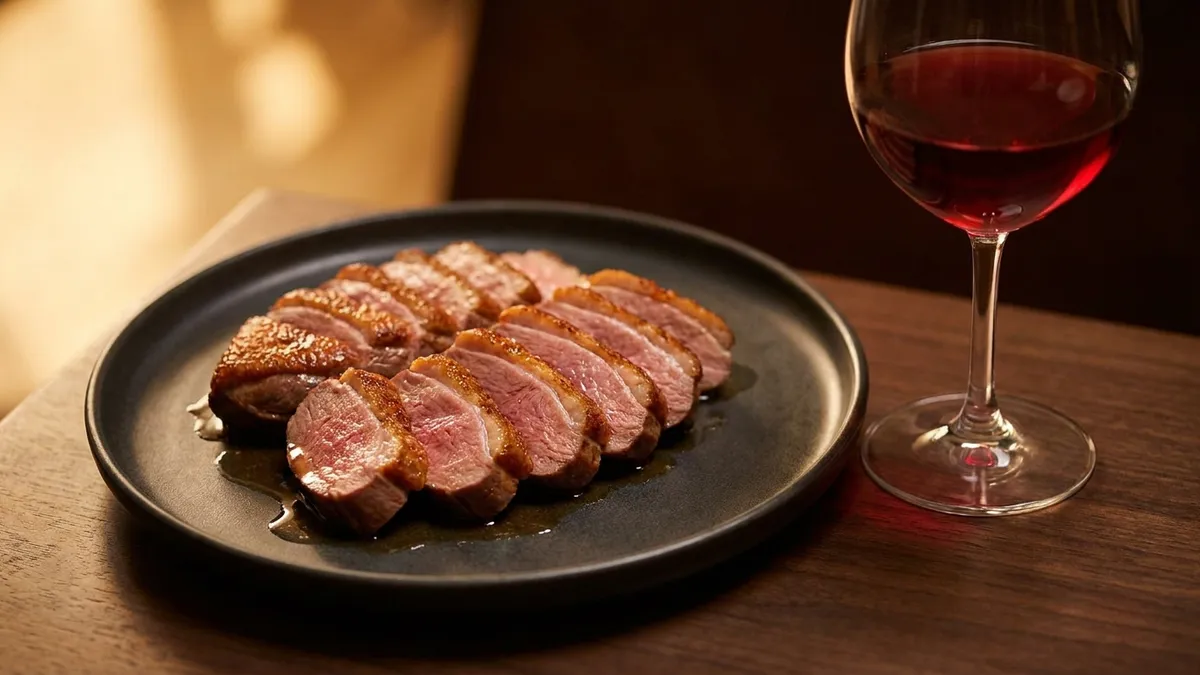 Sliced pink duck breast with crisp golden skin on a dark plate beside a glass of ruby red wine in warm side light