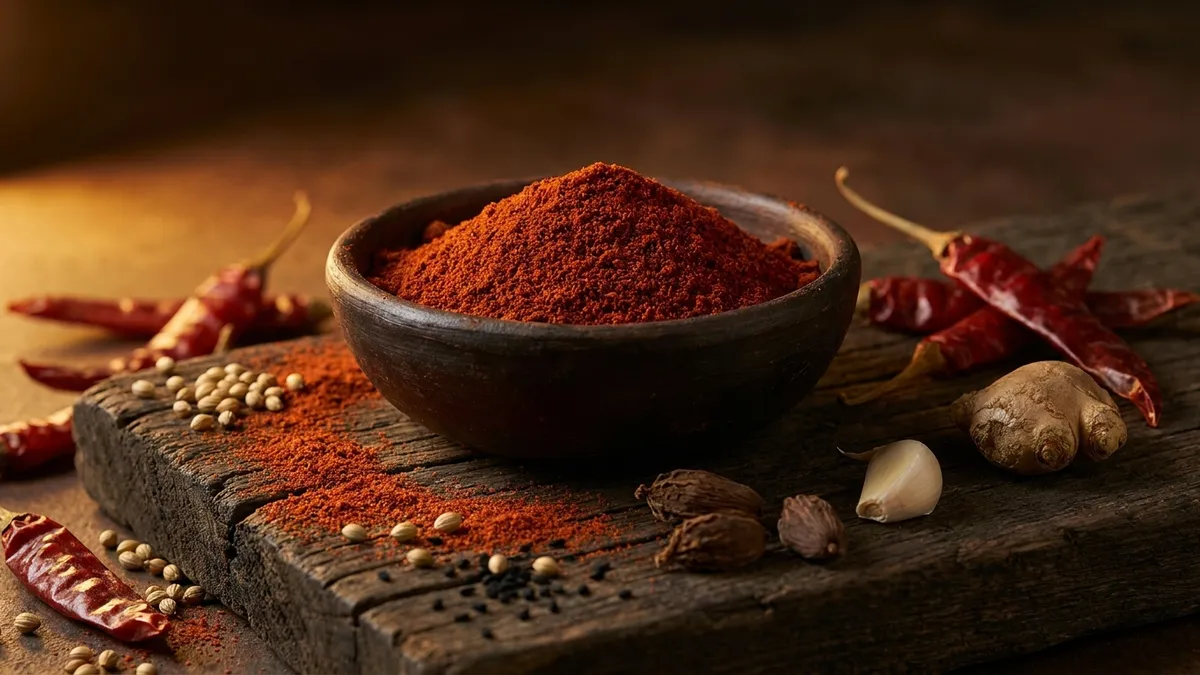 A clay bowl of brick-red berbere spice powder with dried red chilies, coriander seeds, garlic and ginger on a dark wooden board