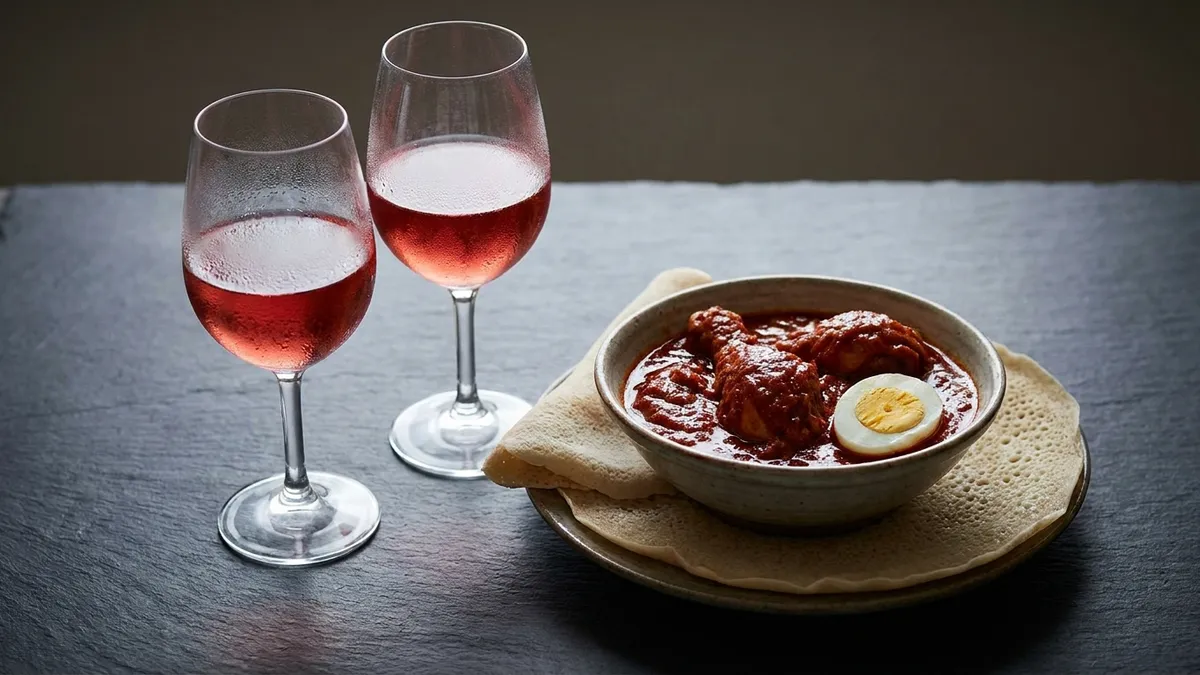 Two glasses of pale, chilled light red wine with condensation beside a bowl of red doro wat with a halved egg on folded injera