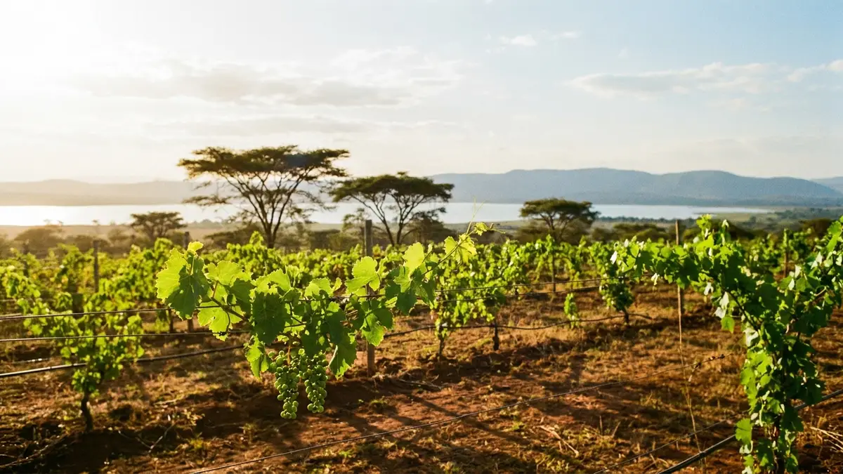 Young vineyard rows on red earth in the Ethiopian Rift Valley with acacia trees and a lake under warm afternoon light
