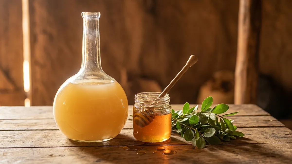 A round-bellied glass flask of cloudy golden tej beside a jar of honey and a bundle of green gesho leaves on a wooden table