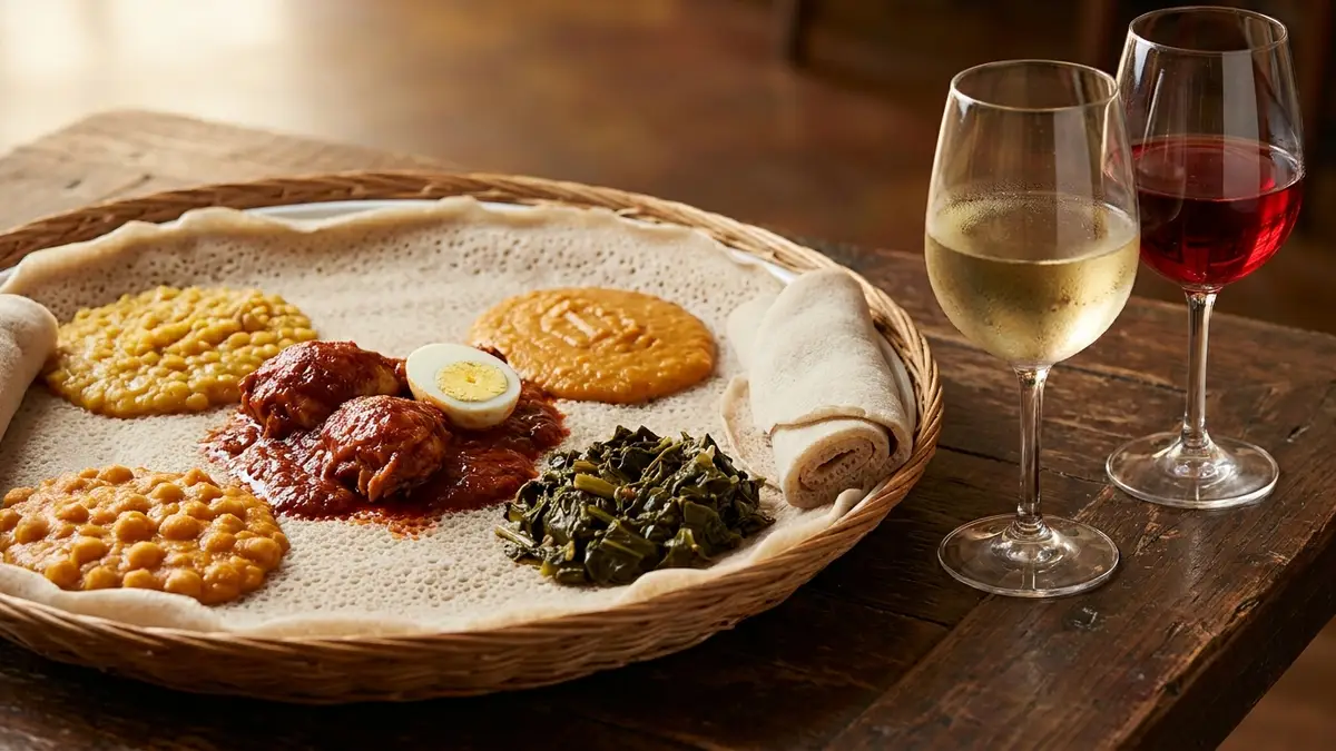 A round platter of injera topped with red doro wat, yellow split peas, orange shiro and green collards, beside a glass of chilled white wine and a glass of light red
