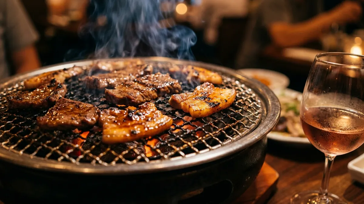 A tabletop Korean BBQ grill with skewered, charred meat close up, a glass of lightly chilled red wine resting at the table edge in warm charcoal glow
