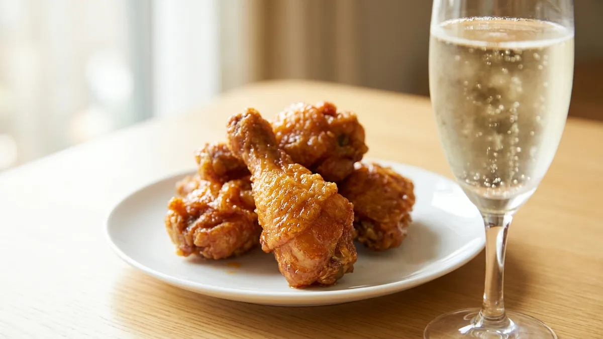 Crispy Korean fried chicken pieces beside a glass of sparkling wine with visible bubbles on a bright, clean table