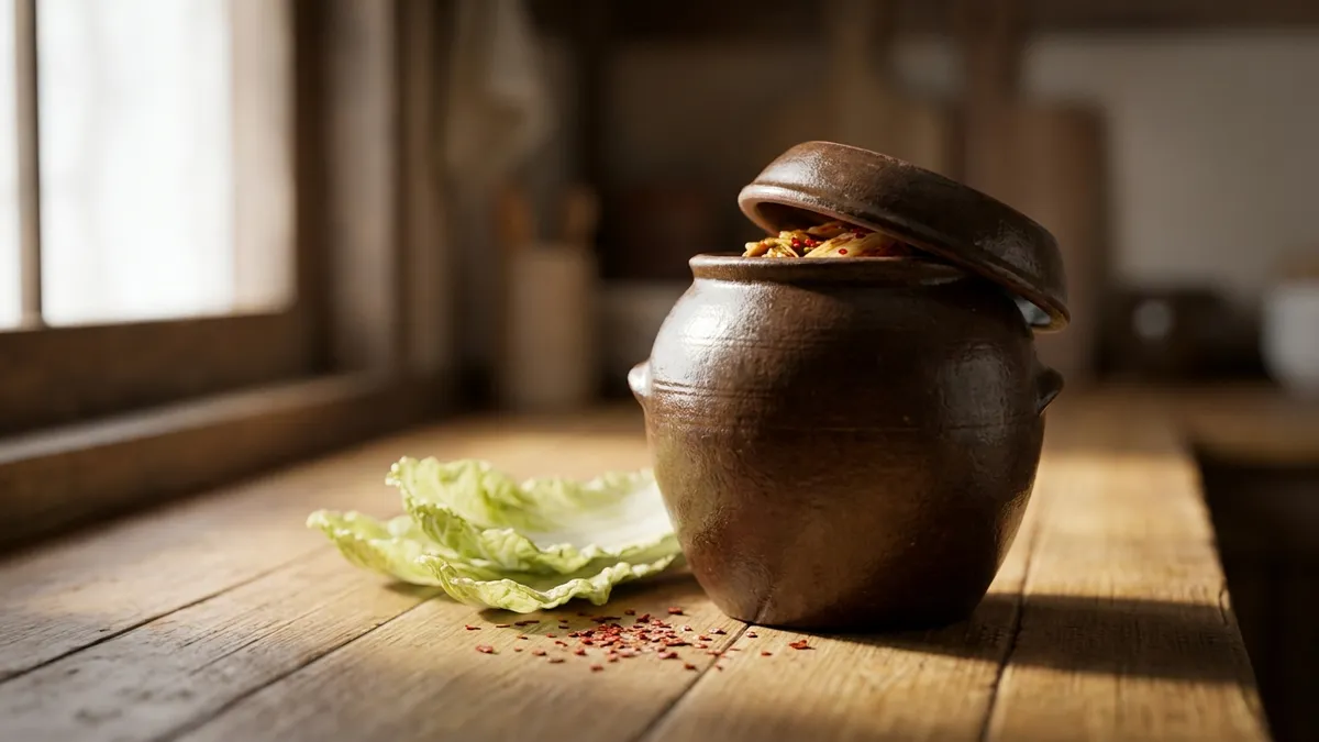 A ceramic onggi-style fermentation jar with cabbage leaves visible, moody warm kitchen counter light
