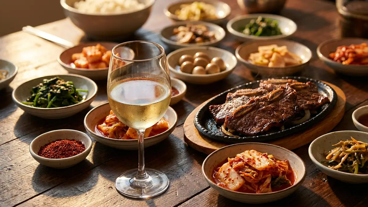 A glass of pale off-dry white wine on a table set with Korean banchan, grilled meat, and a small dish of red gochugaru chili flakes