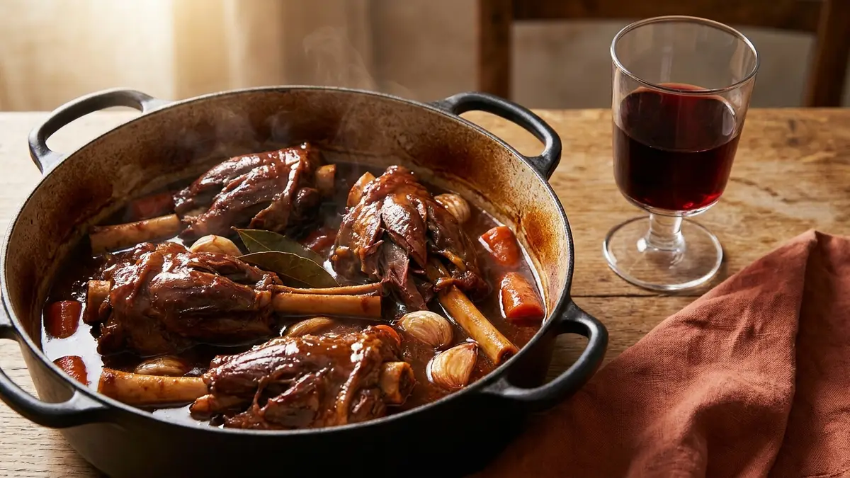 A cast-iron pot of braised lamb shanks in a glossy dark sauce beside a glass of ruby red wine