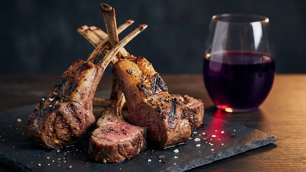 Seared lamb chops with charred fat caps on a slate plate beside a glass of deep purple-red wine