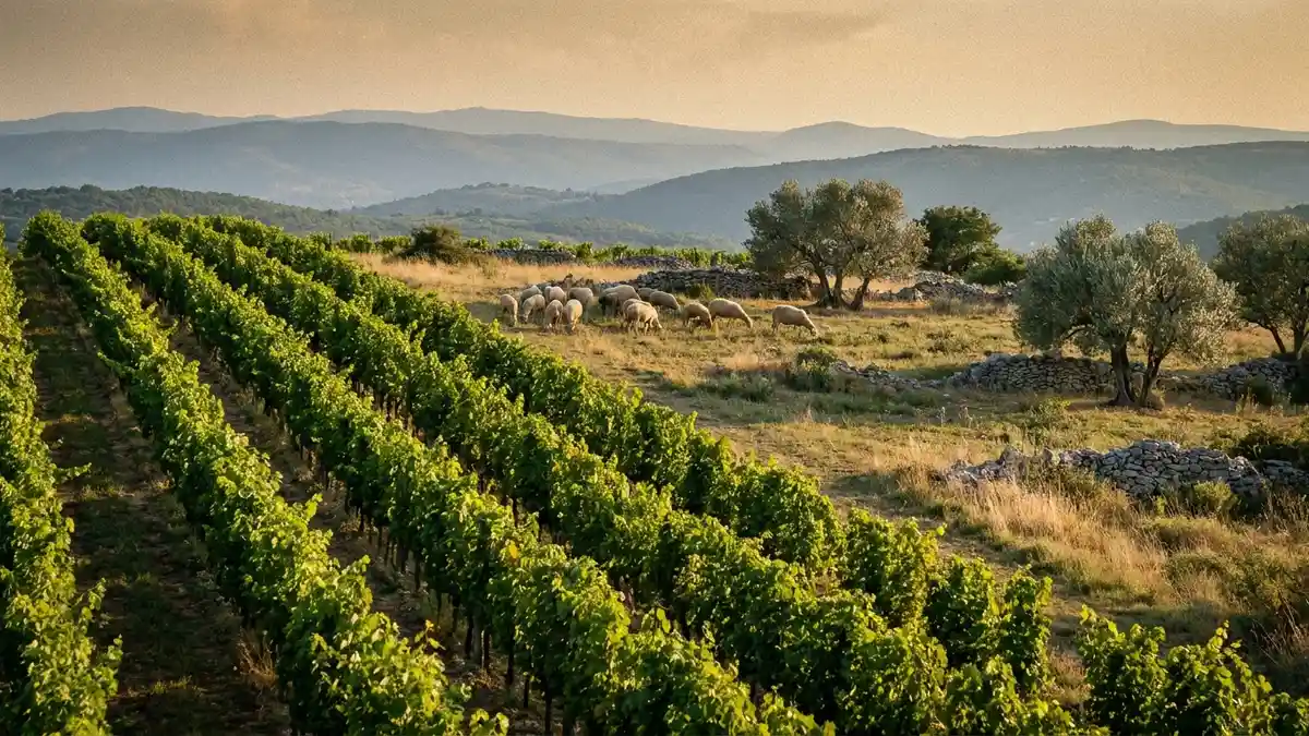 Rolling Mediterranean hills with vine rows in golden light and a flock of sheep grazing in the distance