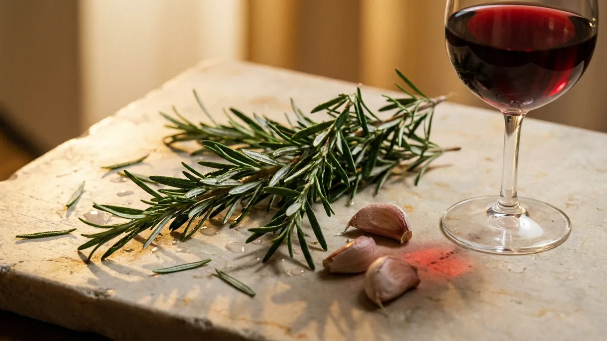 Fresh rosemary sprigs and garlic cloves on pale stone beside the base of a glass of red wine