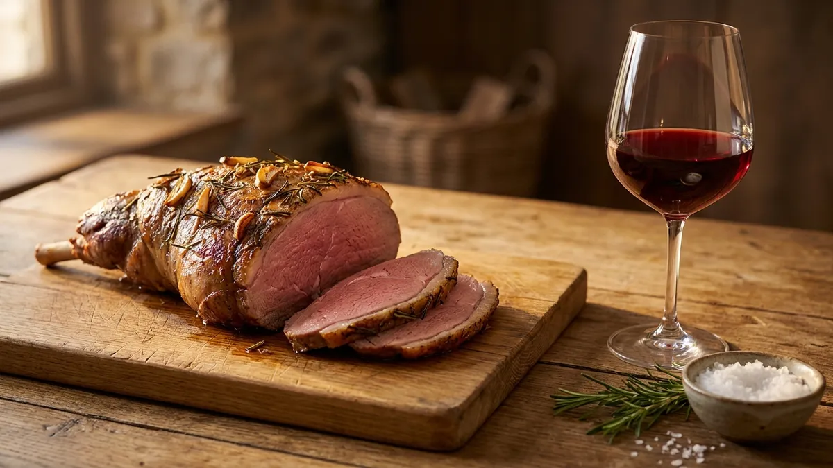 A roast leg of lamb with rosemary and garlic on an oak board, two pink slices carved, beside a glass of ruby red wine