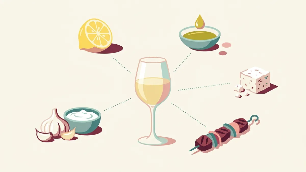 A flat illustration of a wine glass surrounded by a lemon, olive oil, garlic and yogurt, a grilled skewer and a block of feta