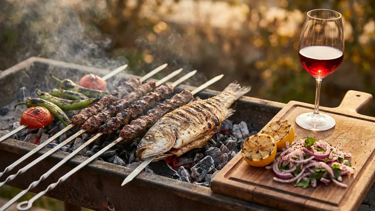 Lamb kebab skewers and a grilled sea bass over glowing charcoal, with grilled lemons and a glass of light ruby red wine