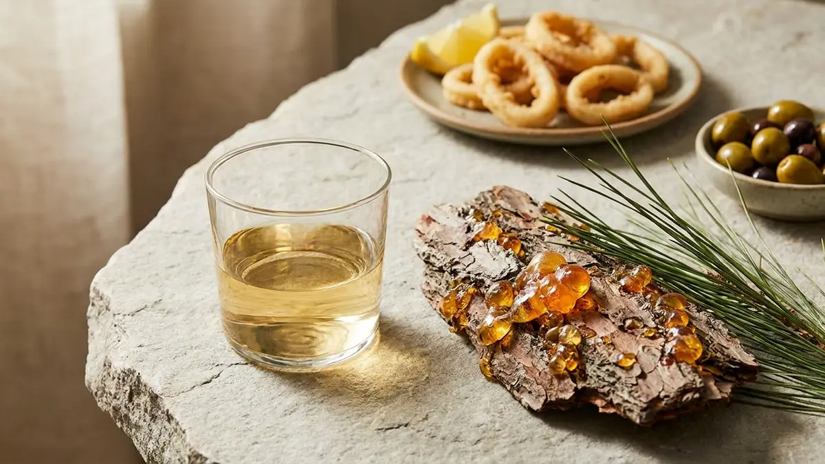 A tumbler of pale gold retsina beside pine bark with amber resin beads, with fried calamari and olives behind