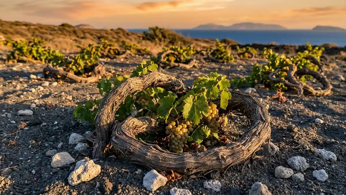 Low basket-trained vines coiled on dark volcanic soil on a windswept Greek island, with the sea on the horizon