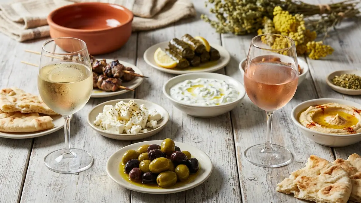 A whitewashed table of Greek and Turkish meze with olives, feta, yogurt dip, hummus, lamb skewers and stuffed vine leaves beside a glass of white wine and a glass of dry rosé