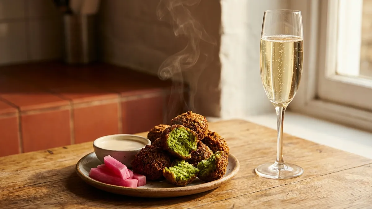 Crisp fried falafel, one broken open to show a green herb centre, beside tahini sauce and a flute of sparkling wine