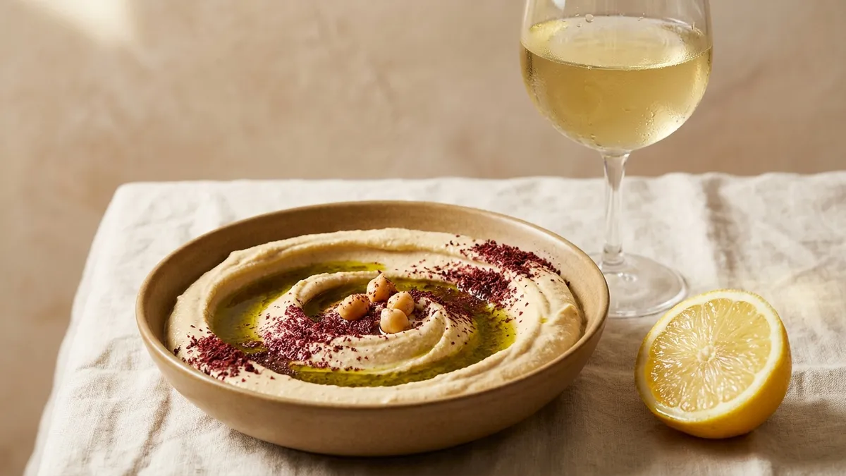 A bowl of hummus swirled with olive oil and dusted with sumac next to a halved lemon and a glass of pale white wine