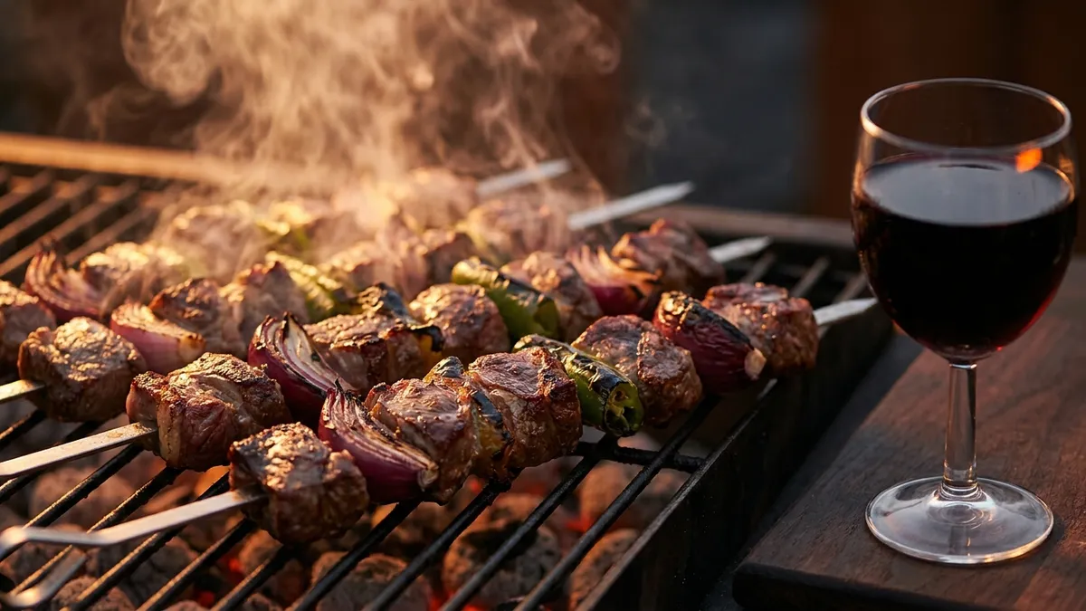 Lamb kebab skewers with charred edges on a charcoal grill beside a glass of deep red wine