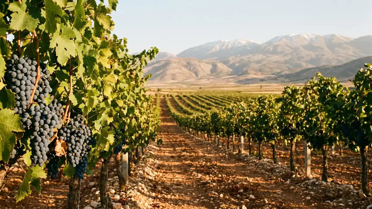 Rows of vines on stony red soil in a high mountain valley under golden late-afternoon light