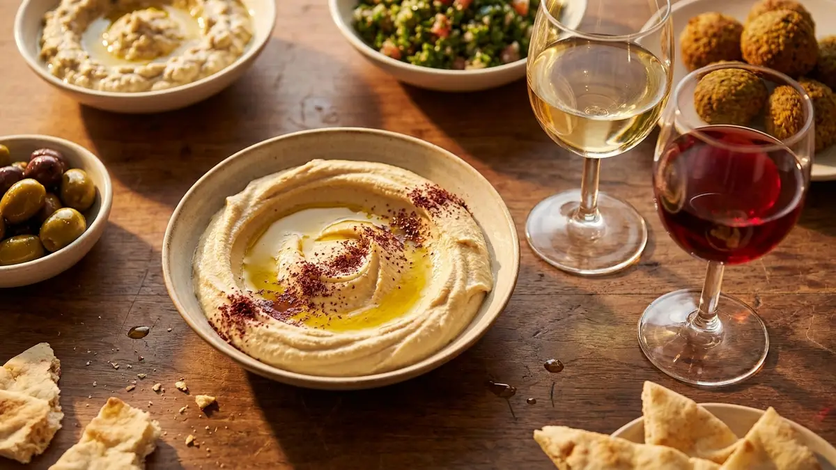 A mezze table with hummus dusted in sumac, baba ghanoush, tabbouleh, falafel and flatbread beside a glass of white wine and a glass of red wine in warm evening light
