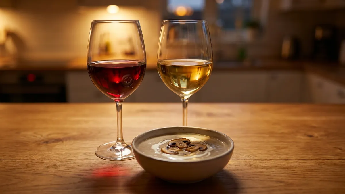 A glass of pale red wine and a glass of golden white wine beside a small bowl of creamy mushroom soup