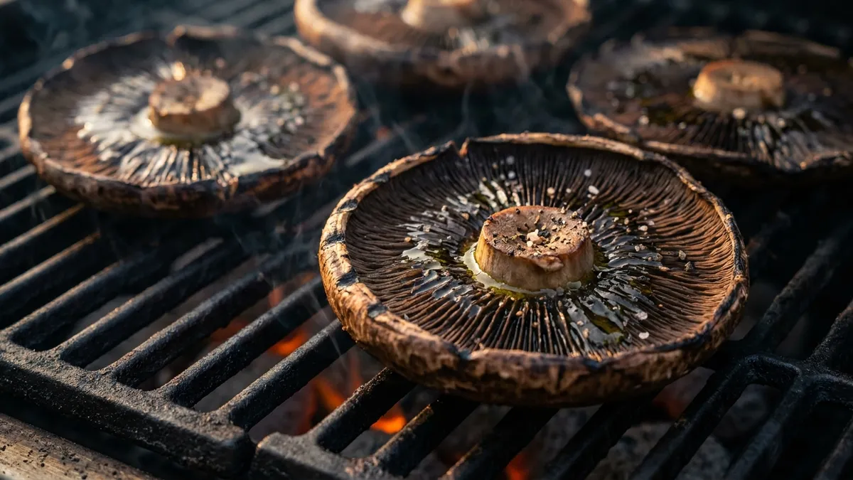 Portobello mushroom caps with browned edges cooking on a cast-iron grill grate over glowing embers