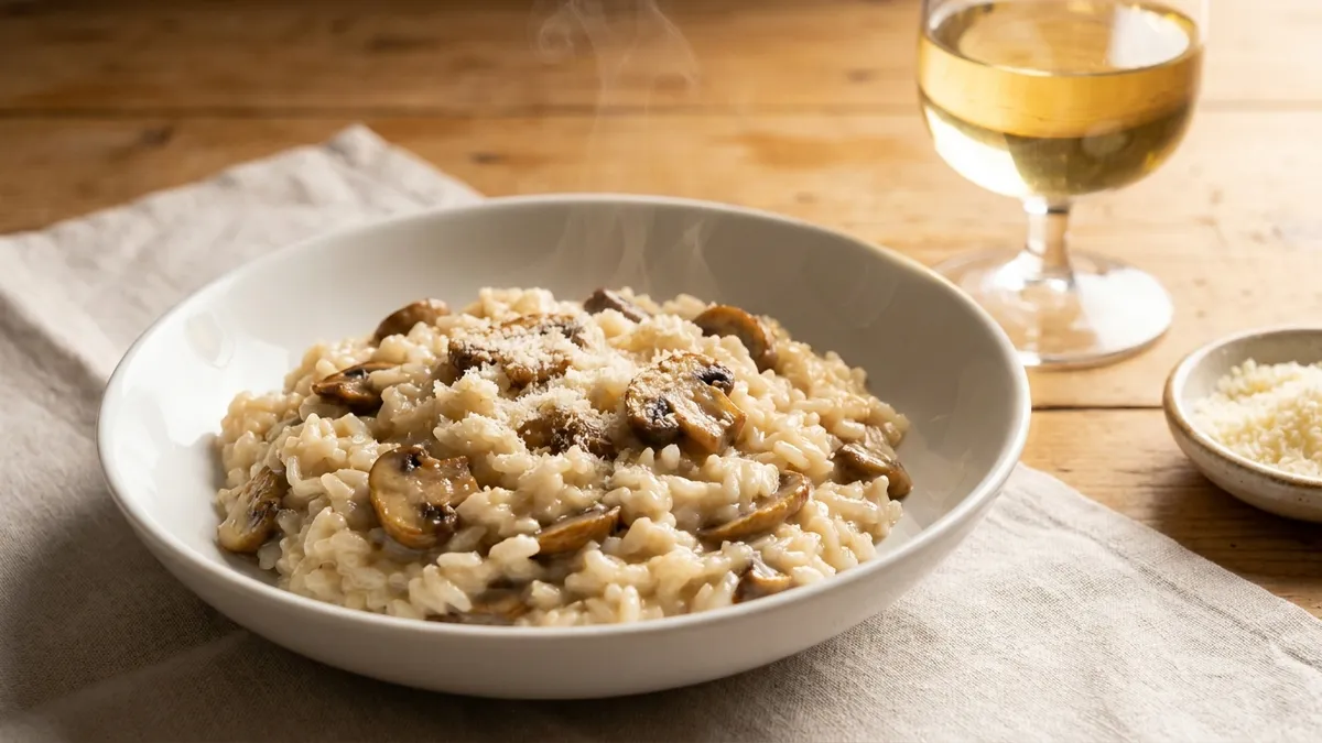 A bowl of creamy mushroom risotto dusted with grated cheese, a glass of golden white wine behind it