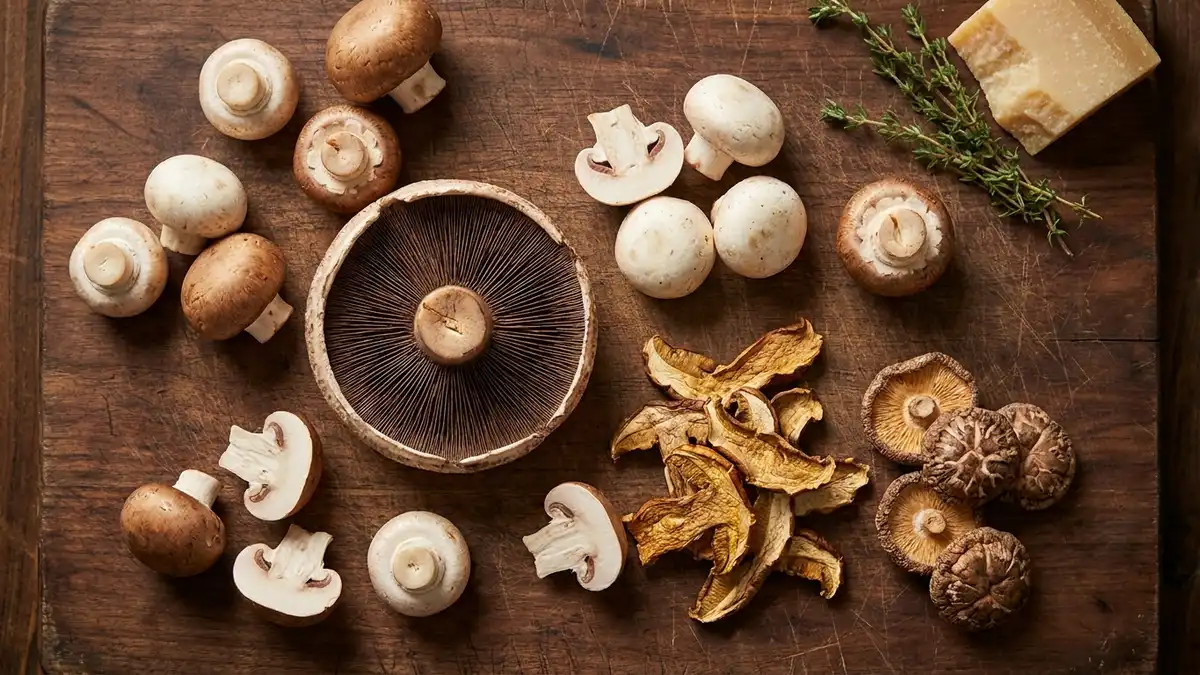 Button, cremini and portobello mushrooms with dried porcini and shiitake on a dark walnut board
