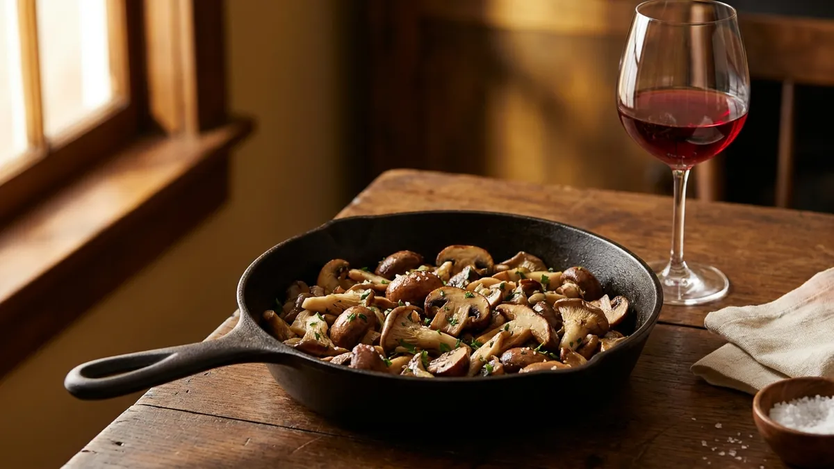 A skillet of butter-sautéed mixed mushrooms beside a glass of ruby red wine on a dark oak table in warm evening light