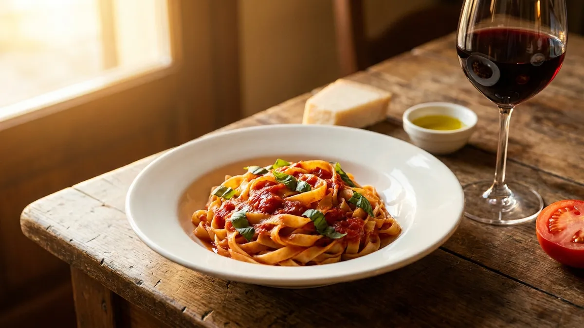 A bowl of pasta with tomato sauce beside a glass of red wine on a wooden table